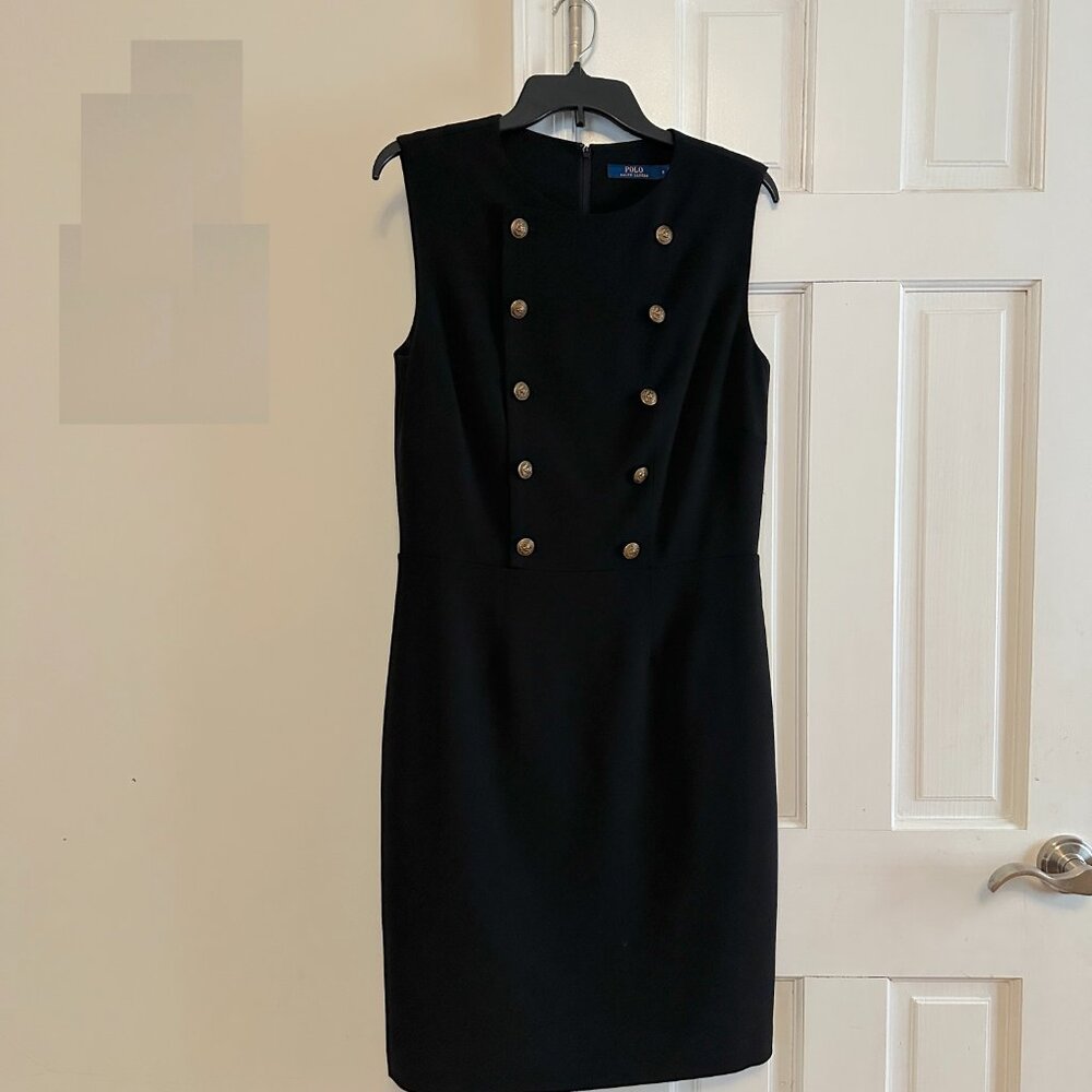 POLO Ralph Lauren Black Dress Size 8 Sleeveless Gold Buttons Sheath